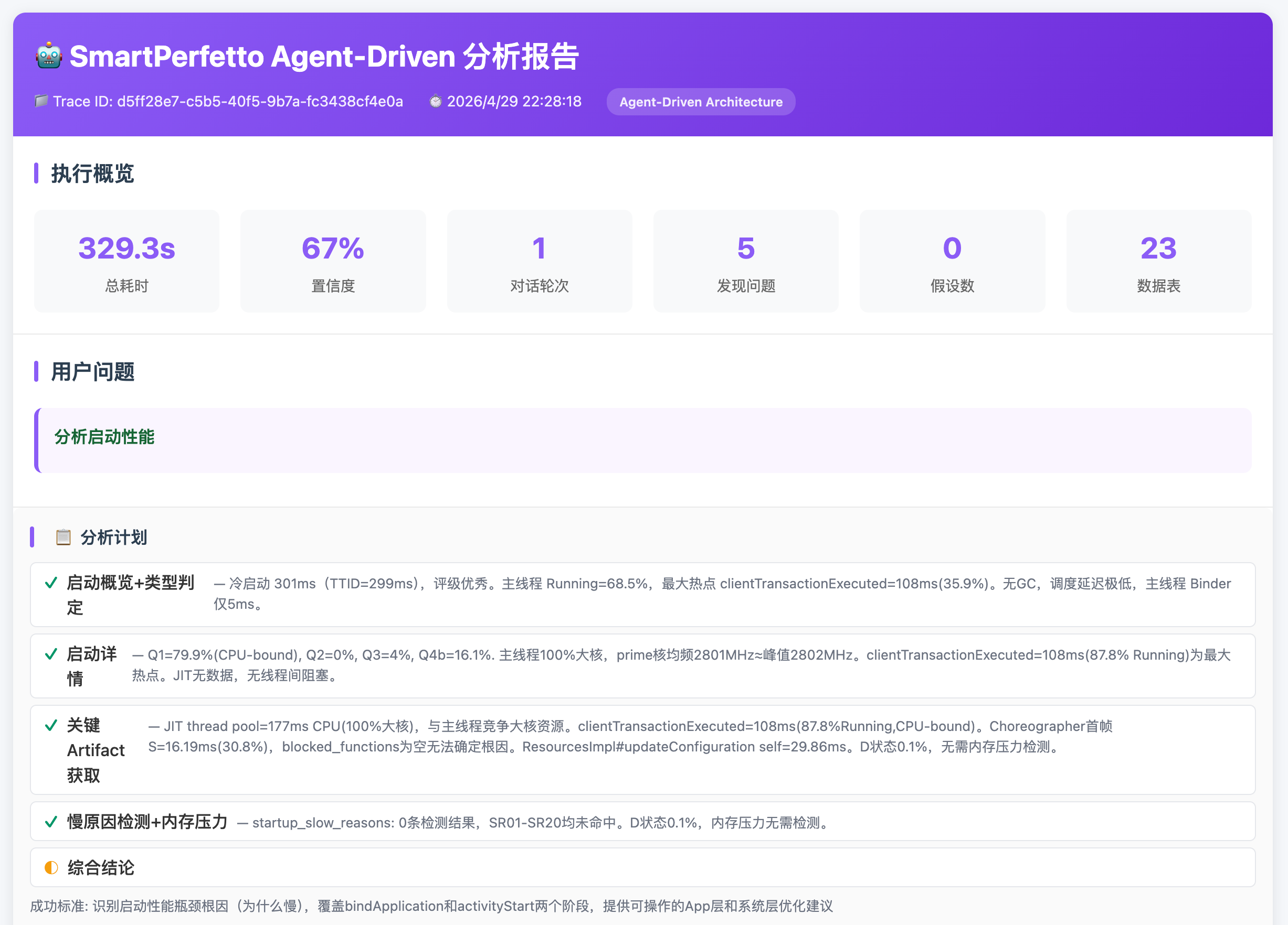 SmartPerfetto 运行截图:结构化分析报告